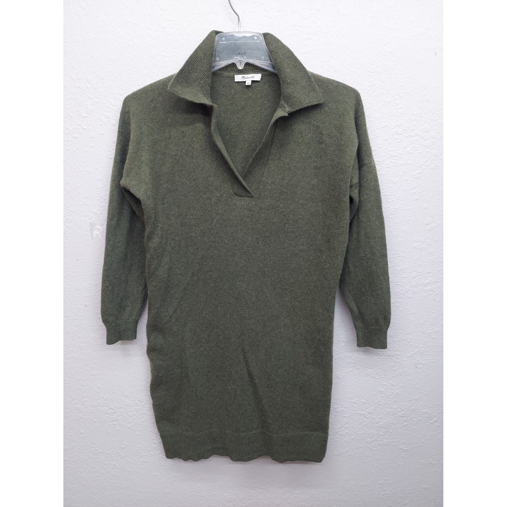 Madewell Sweater Dress Womens Small Olive Green V Neck Collar Wool Blend Knee
